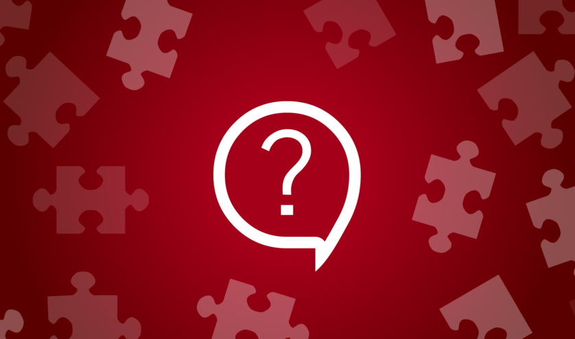 Red graphic with speech bubble with a queston mark and puzzle pieces