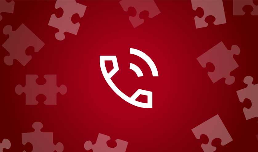 Red graphic with telephone and puzzle pieces