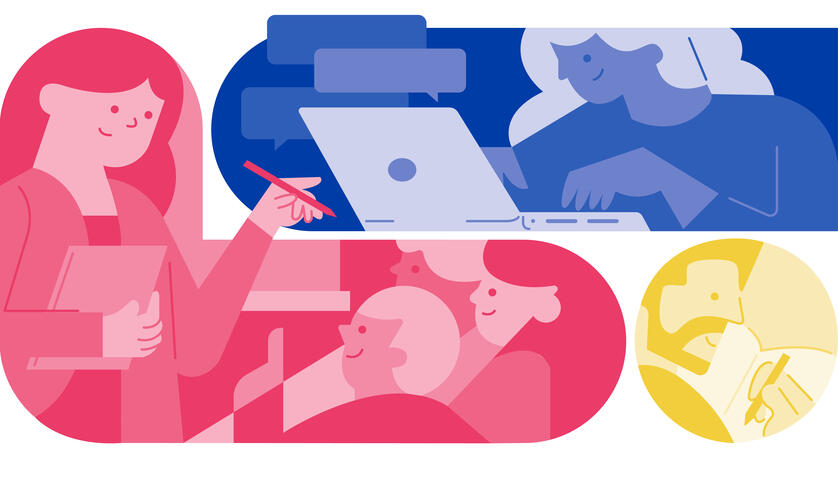 Illustration of people on laptops, in classroom and studying