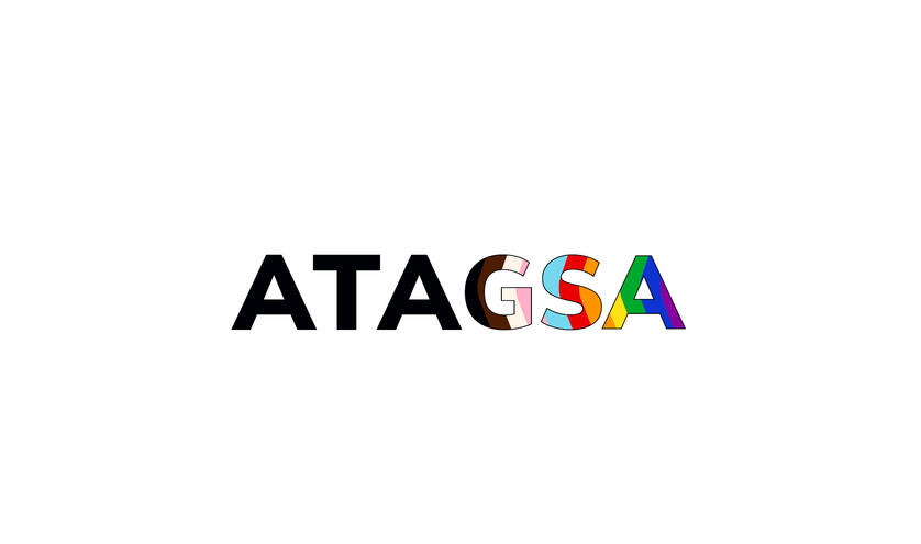 Black text "ATA" next to the text "GSA" in which each letter is filled with 3 colors of the rainbow