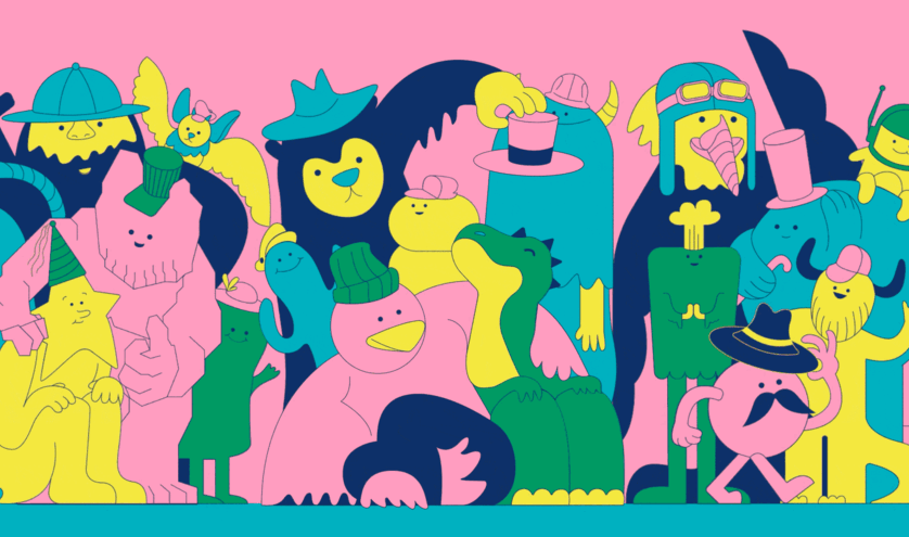 A group of characters waving on the screen. All of them wearing hats.