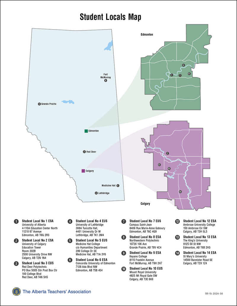 A map of Alberta displaying locations of all Student Locals