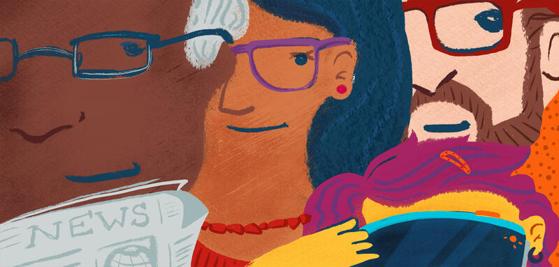 Illustration of three individuals of difference age and ethnicities all wearing glasses.