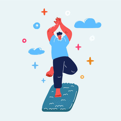 Illustration of a man on a yoga mat doing tree pose