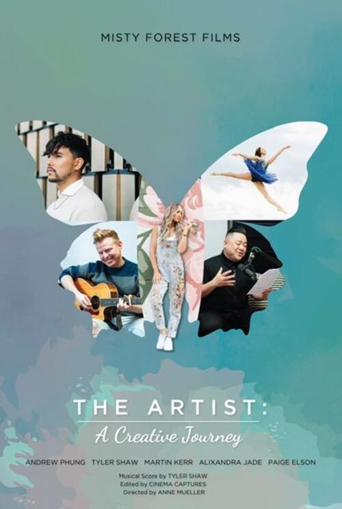 Blue movie poster with a butterfly collage for "The Artists"