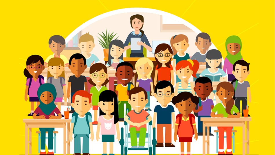 Illustration of many students and a single worried teacher in a classroom