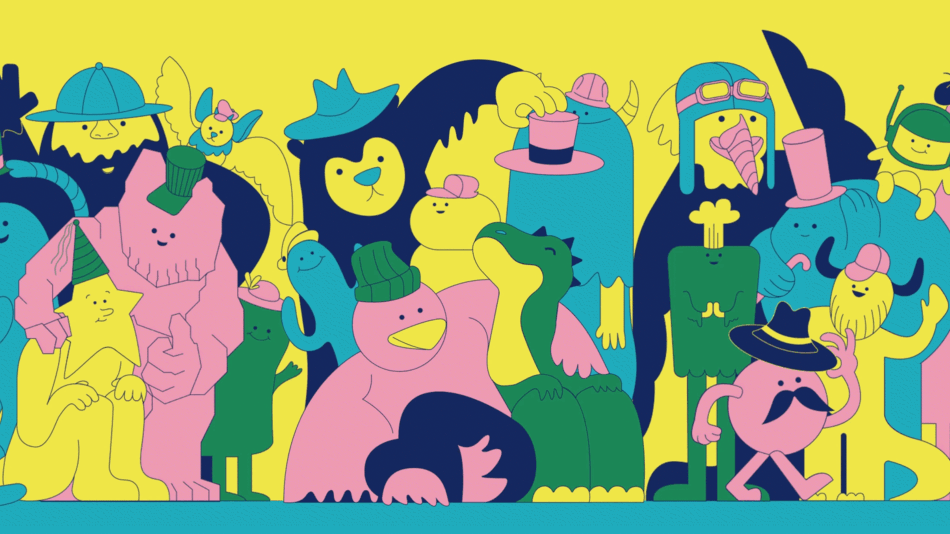 A group of animals looking at the screen. Some are raising their hats at the audience.