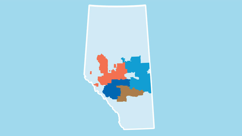 Map of Alberta highlighting central districts