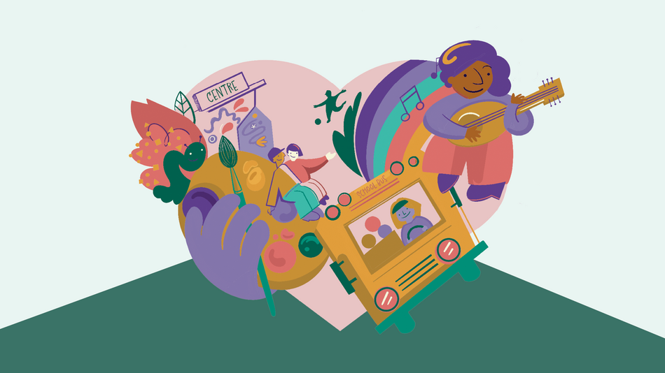 illustrative collage of a heart with and paint pallet and person playing guitar