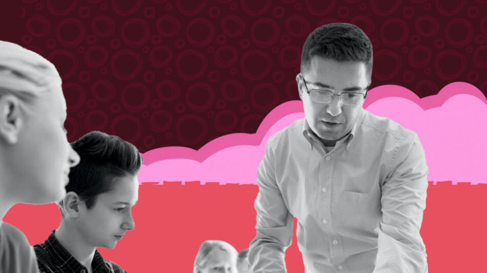 Red and pink cover graphic of teacher and students