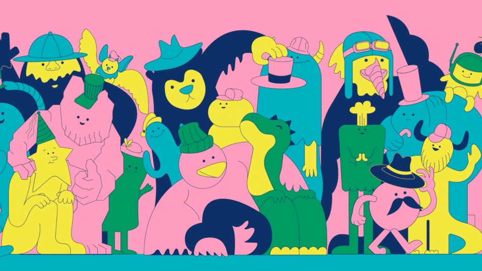 A group of characters waving on the screen. All of them wearing hats.