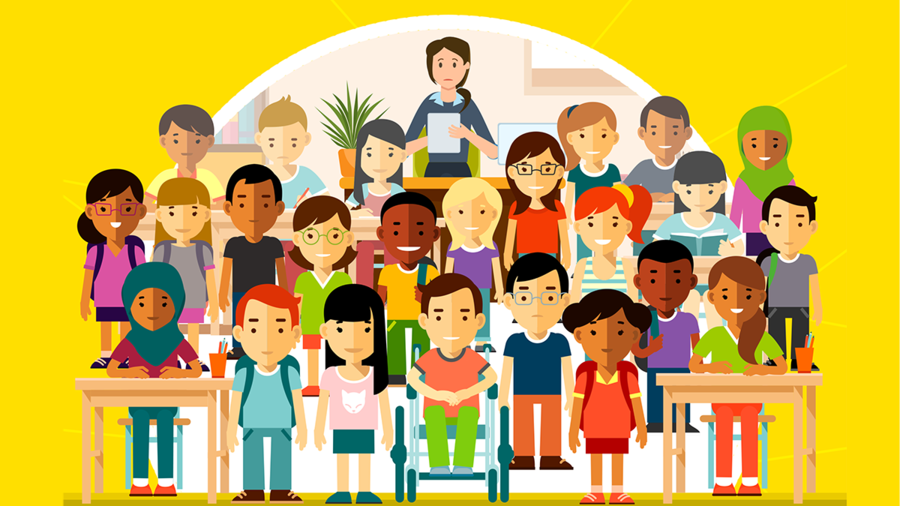 Illustration of many students and a single worried teacher in a classroom