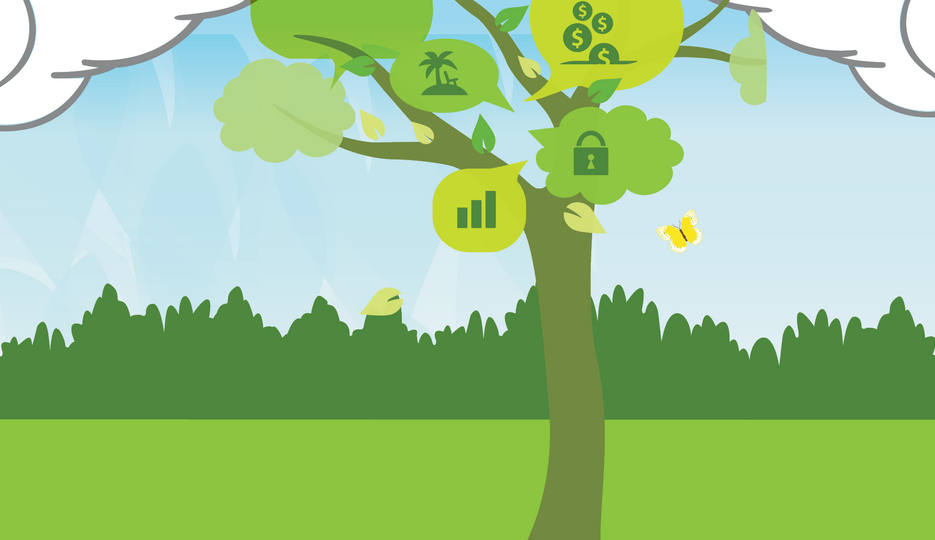 Illustration of a tree with money symbols looking through clouds