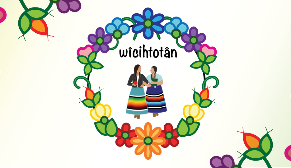Illustration of two women wearing ribbon skirts circled by wreath of flowers