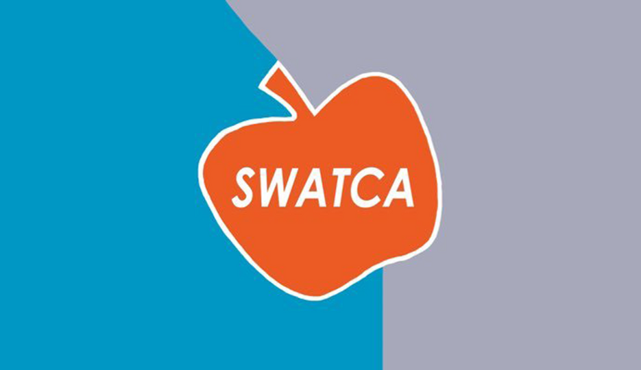 Red apple logo for South Western Alberta Teachers' Convention and  blue and grey background