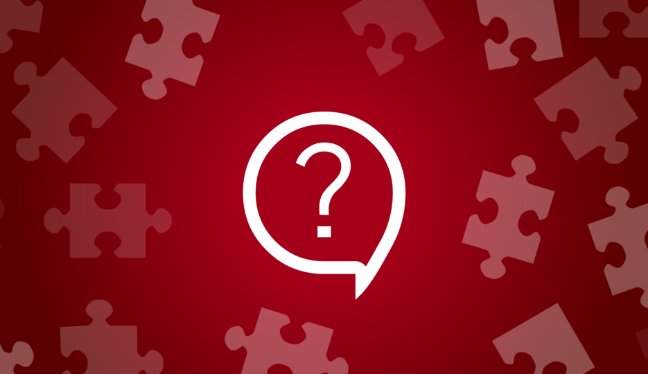 Red graphic with speech bubble with a queston mark and puzzle pieces 