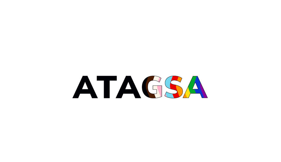 Black text "ATA" next to the text "GSA" in which each letter is filled with 3 colors of the rainbow