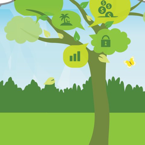 Illustration of a tree with money symbols looking through clouds