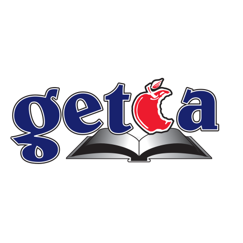 Greater Edmonton Teachers' Convention Association logo of a red apple replacing the c in the acronym with sitting atop of a book