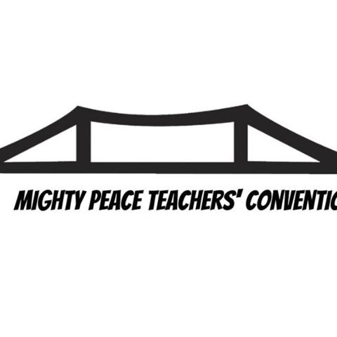 Black and white graphic of a bridge with Mighty Peach Teachers' Convention underneath