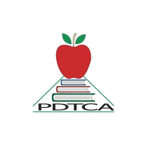 Red apple on a stack of three books with the acronym of Palliser District Teachers' Convention Association