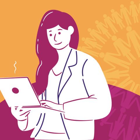 Line illustration of a women holding a laptop in front of an orange and pink background