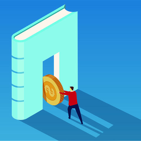 Illustration of a person pushing a coin through a standing book