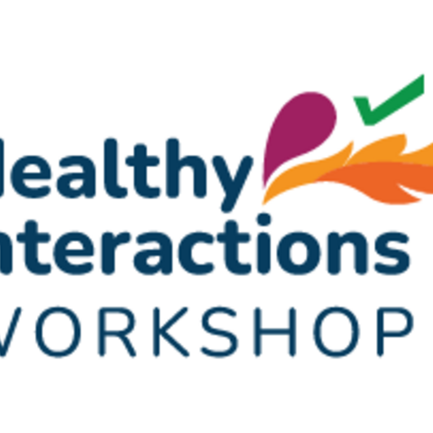 Dark blue text reading "Healthy interactions workshop," each word under the other. At the top next to the word "healthy" is an orange feather and a green check mark.