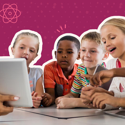 Children pointing at a tablet held by a substitute teacher