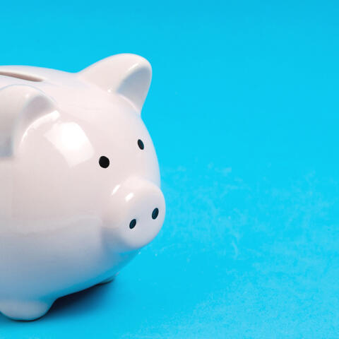 a light blue background with a white piggy bank in the foreground