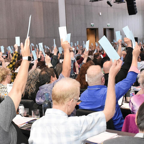 ARA delegates raise their hands in a vote