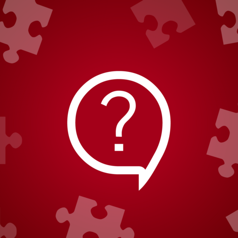 Red graphic with speech bubble with a queston mark and puzzle pieces 