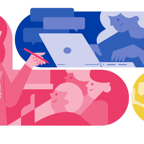 Illustration of people on laptops, in classroom and studying