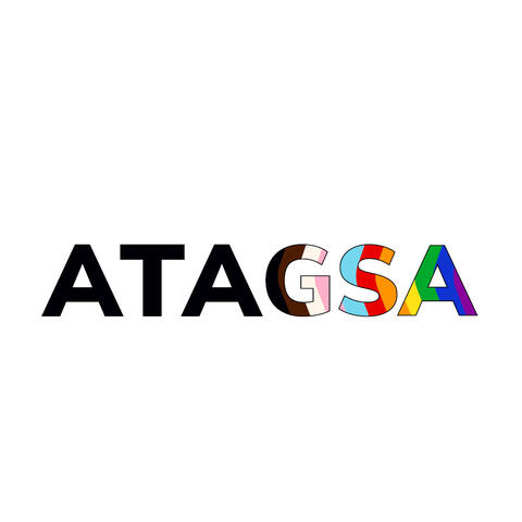 Black text "ATA" next to the text "GSA" in which each letter is filled with 3 colors of the rainbow