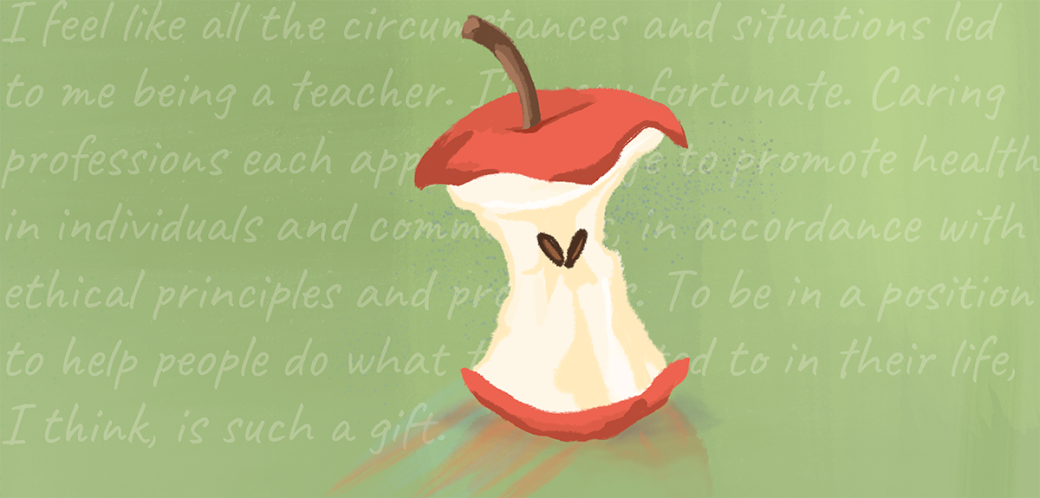 Illustration of an apple core in front of a green background with obscured written text