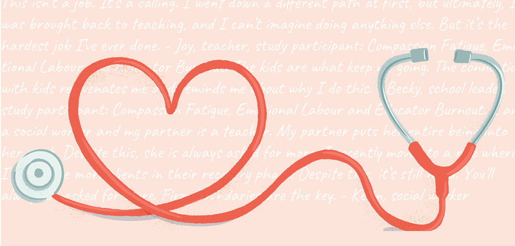 Illustration of a red stethoscope with cord making a heart in front of a pink background with written text.