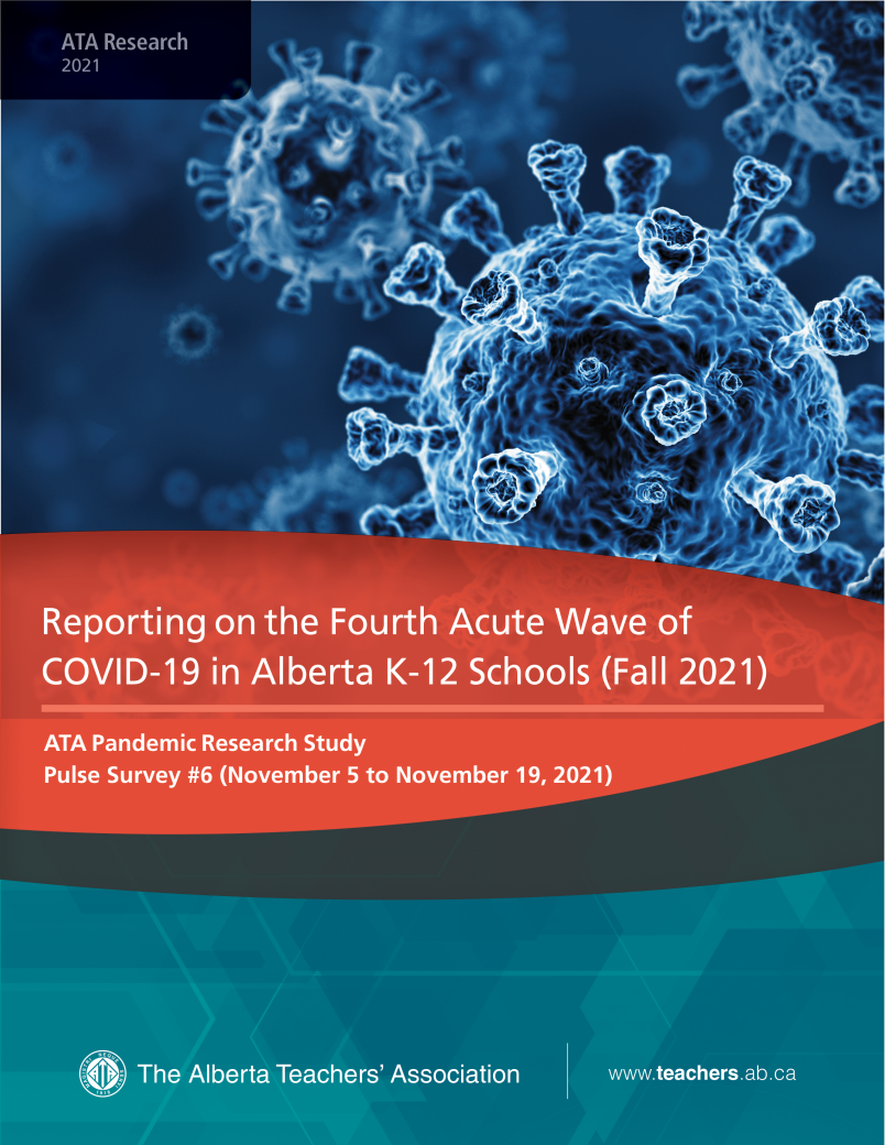 Cover image of Reporting on the Fourth Acute Wave of COVID-19 in Alberta Schools—Fall 2021. Cover image is of a microscopic image of COVID-19 virus framed in an orange title box and blue border.
