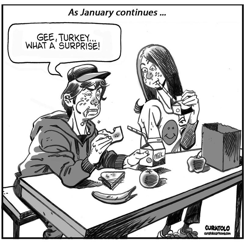 Cartoon of a male and female student eating lunch