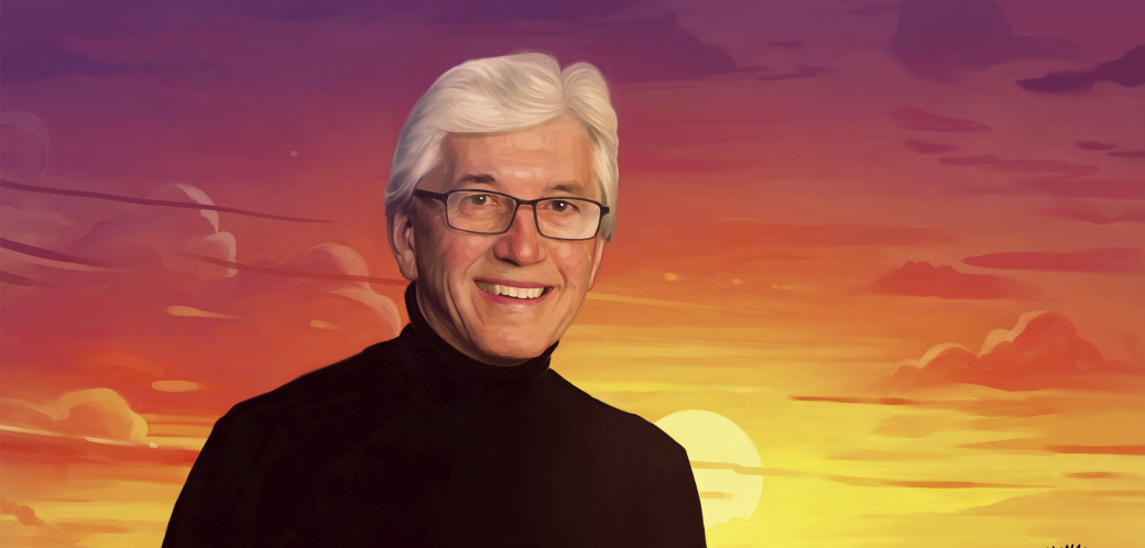 A man wearing glasses dressed in black. The man has white hair and is standing in front of a sky with clouds and the sun. The sky is purple, red, yellow, and orange. This is a digital painting. 