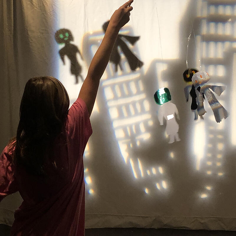 A student creates a shadow puppet play