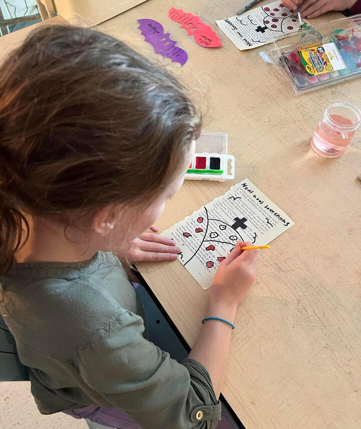 Over the shoulder of a child doing an activity