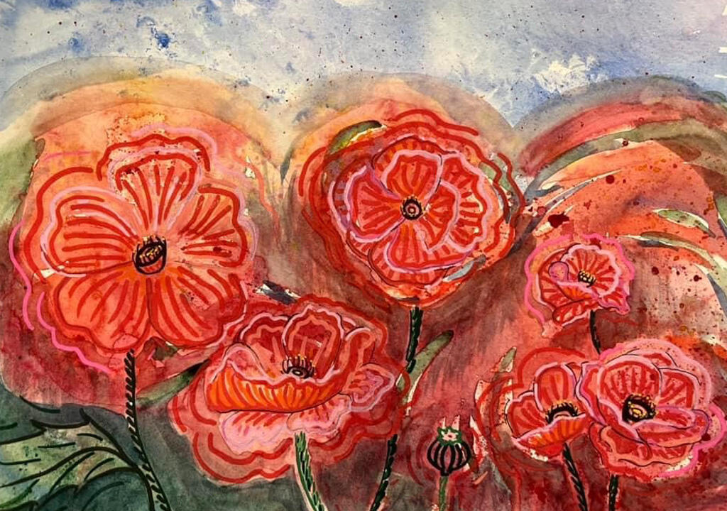 Student painting of poppies