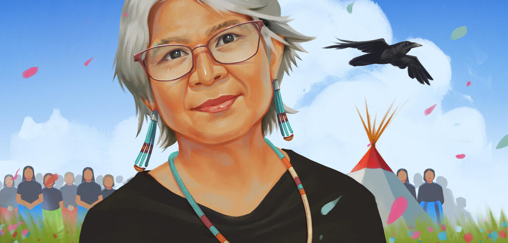 UnsungHero_Main_Spring105-3_mvp-WEB An illustration of Valerie McDougall in front of her community, a teepee and a flying raven that symbolically represents her family.