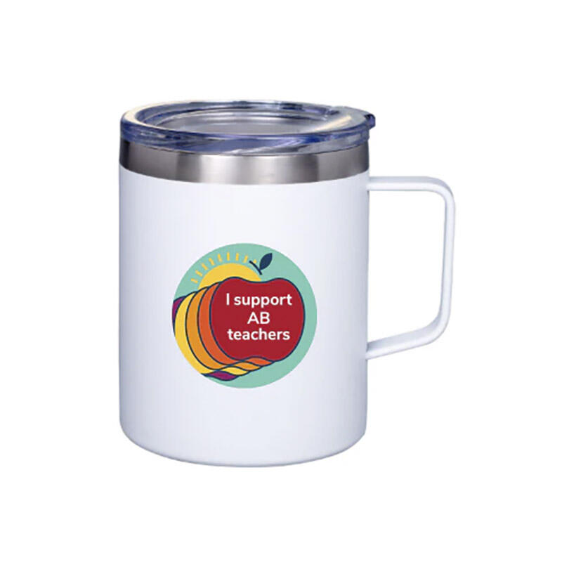 A coffee mug with an I support AB teachers logo on it
