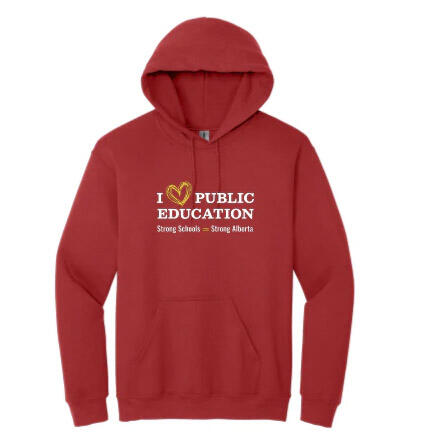 A red hoodie with I Heart Public Education on the front