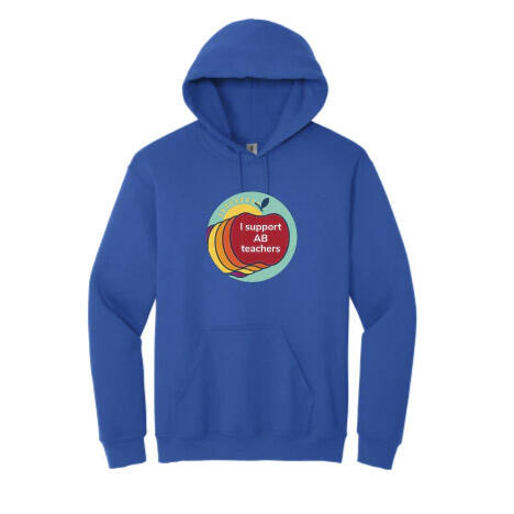 A blue hoodie with an I support AB teachers logo on it