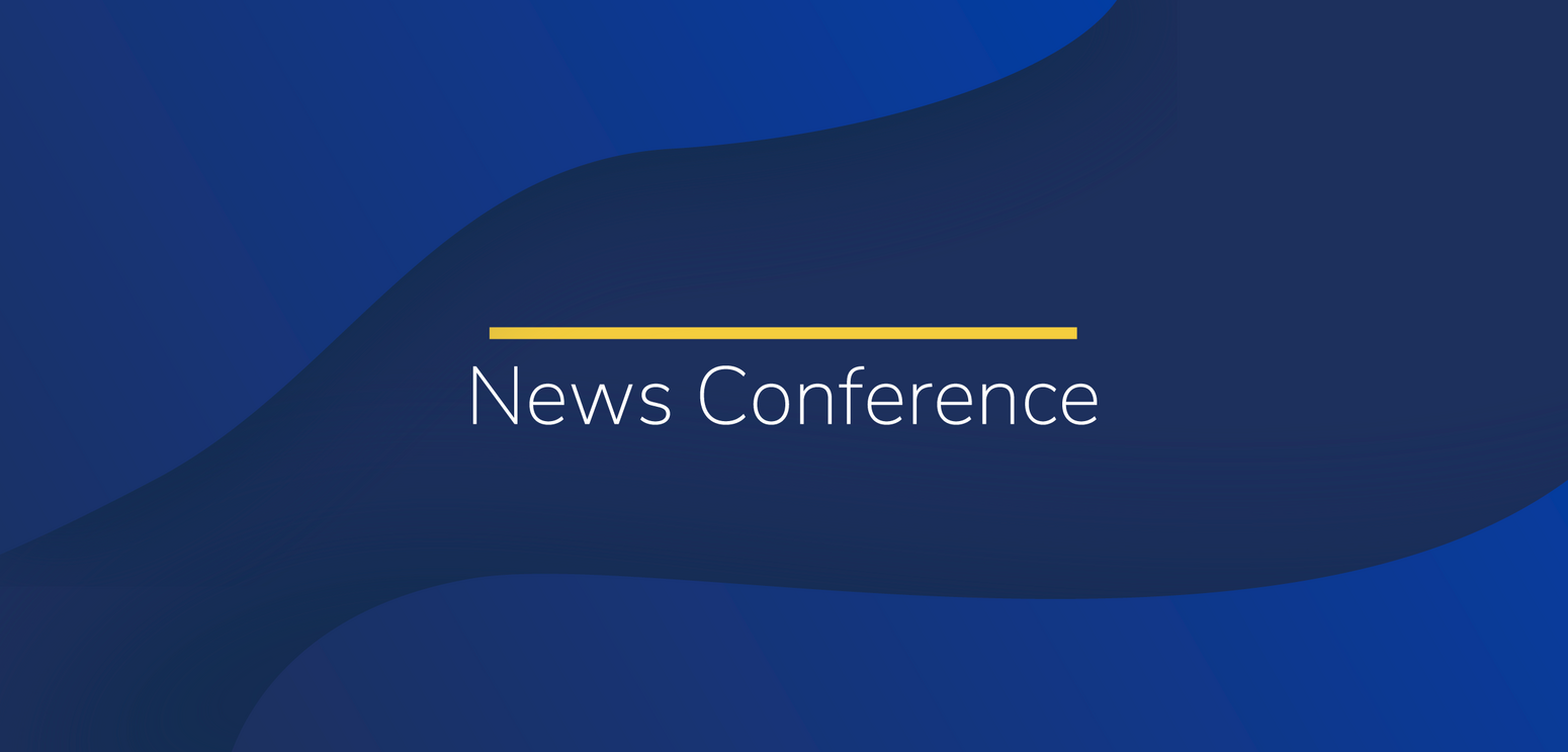 Blue background with white text "News Conference"