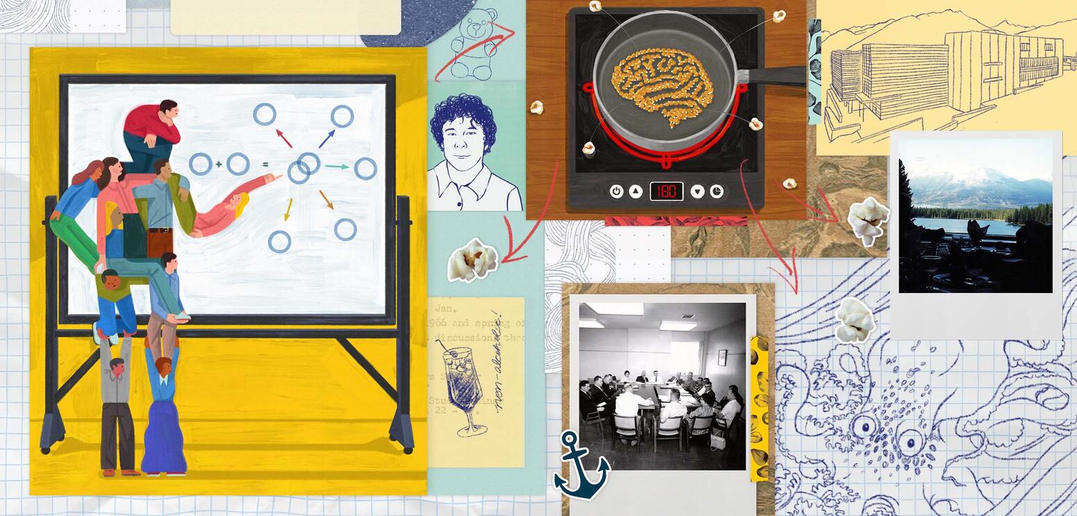 Collage illustration, of people melded into one person at a blackboard