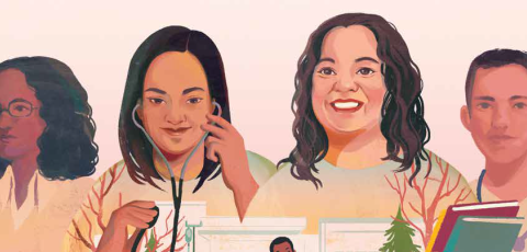 Illustration of 3 women and a man one wearing a stethoscope 