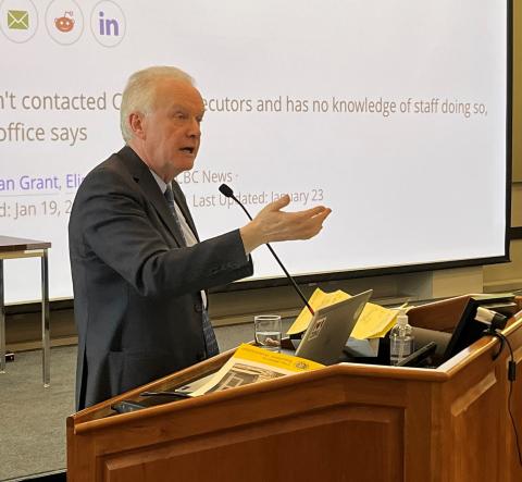 Political affairs columnist Graham Thomson addresses attendees of the ATA’s Political Engagement Seminar on Mar. 4. 